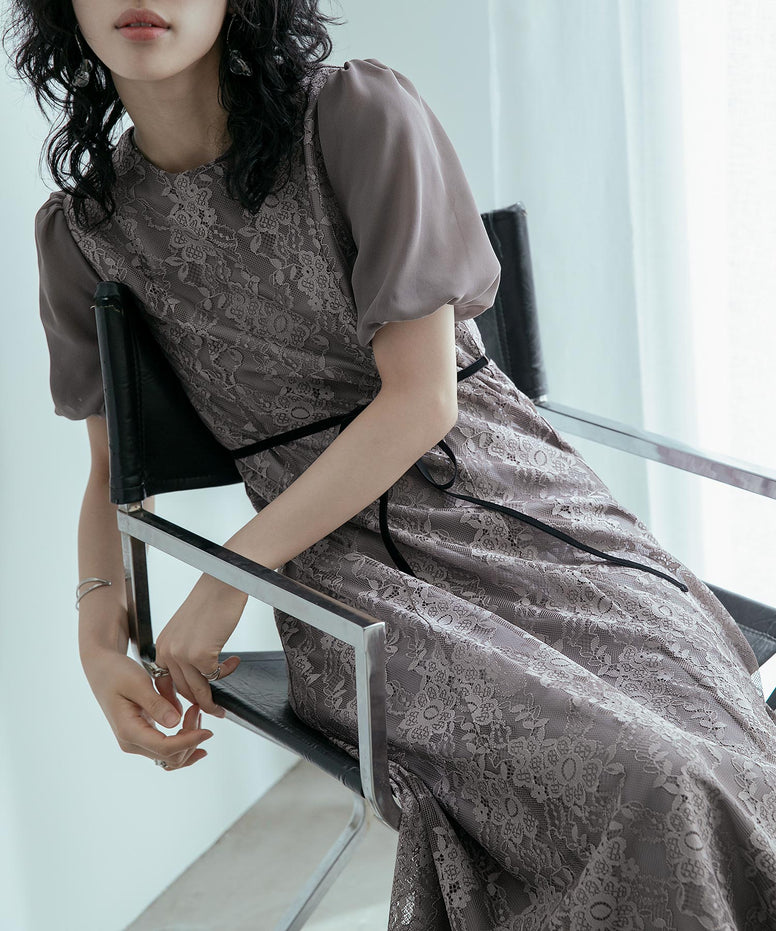 シフォンバルーンスリーブレースパーティードレス