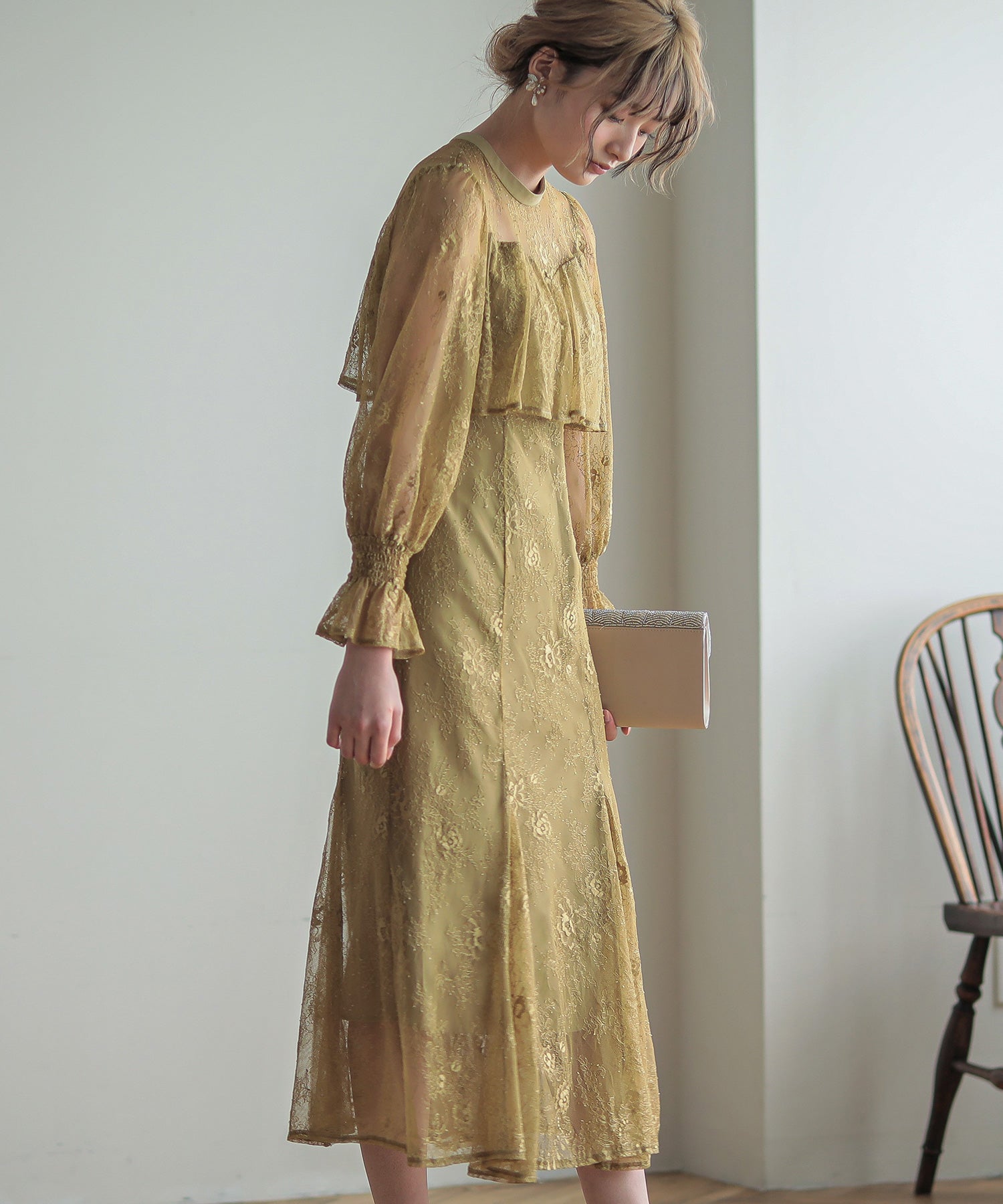 ボリュームスリーブレースロングドレス｜パーティードレス・結婚式