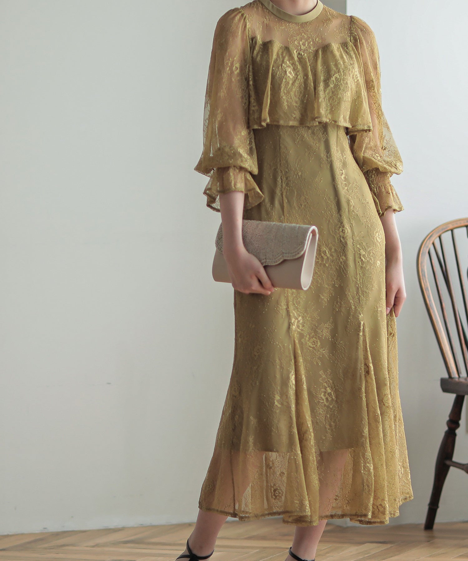 ボリュームスリーブレースロングドレス｜パーティードレス・結婚式