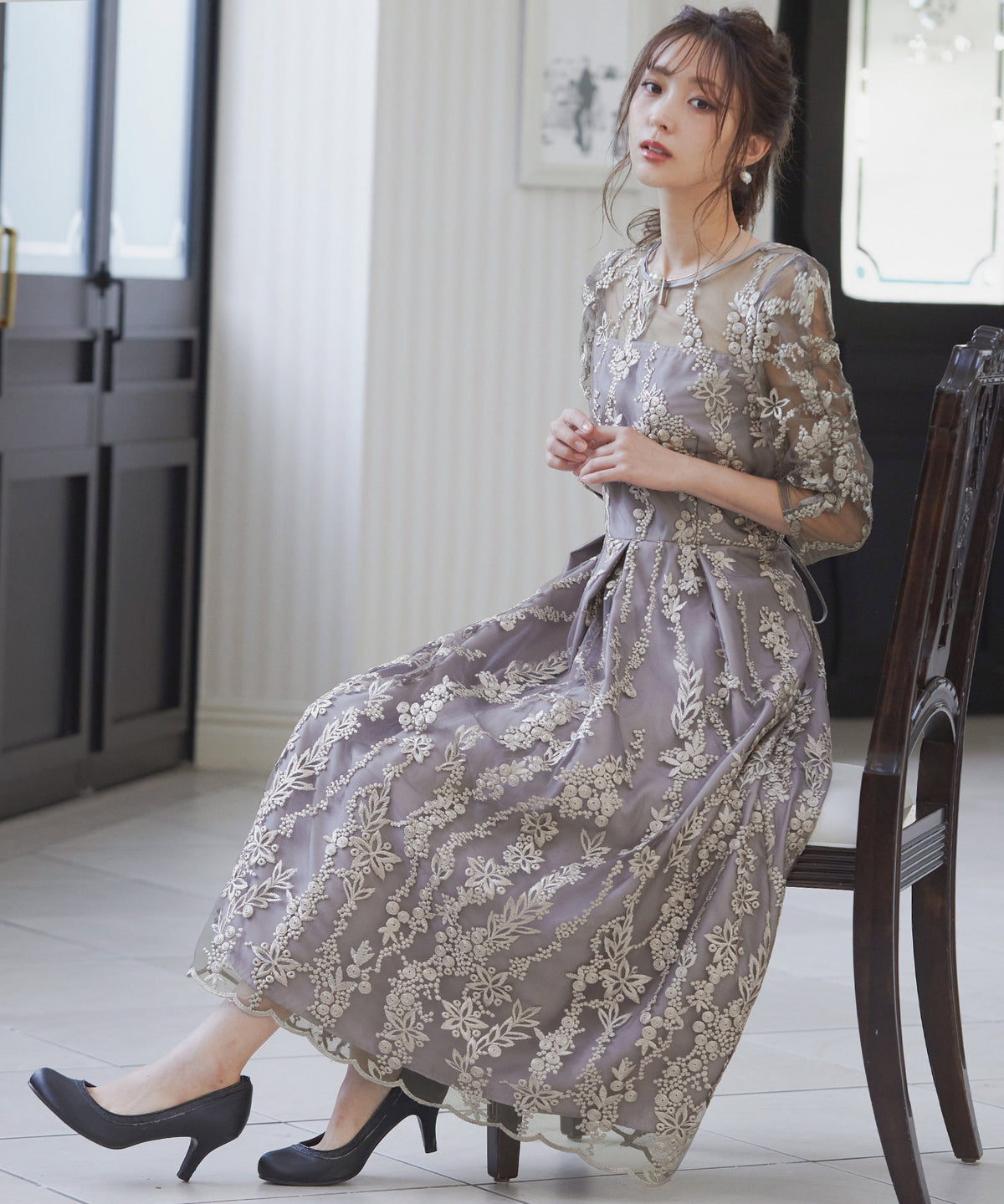 刺繍レース バックリボン パーティードレス