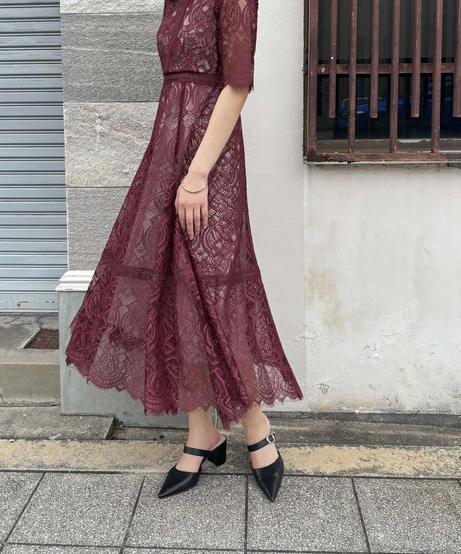 配色ハシゴレース切替ドレス 結婚式 パーティードレス