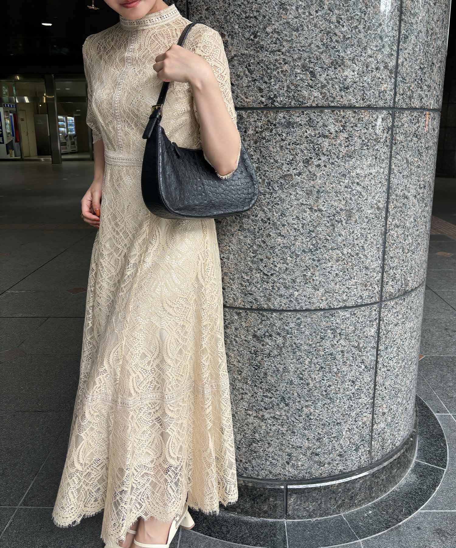 配色ハシゴレース切替ドレス 結婚式 パーティードレス