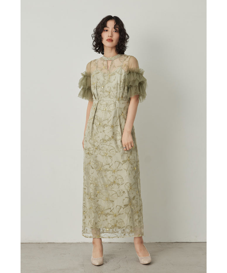 スパンコール刺繍レースドレス キーホールネック 結婚式 成人式 同窓会 