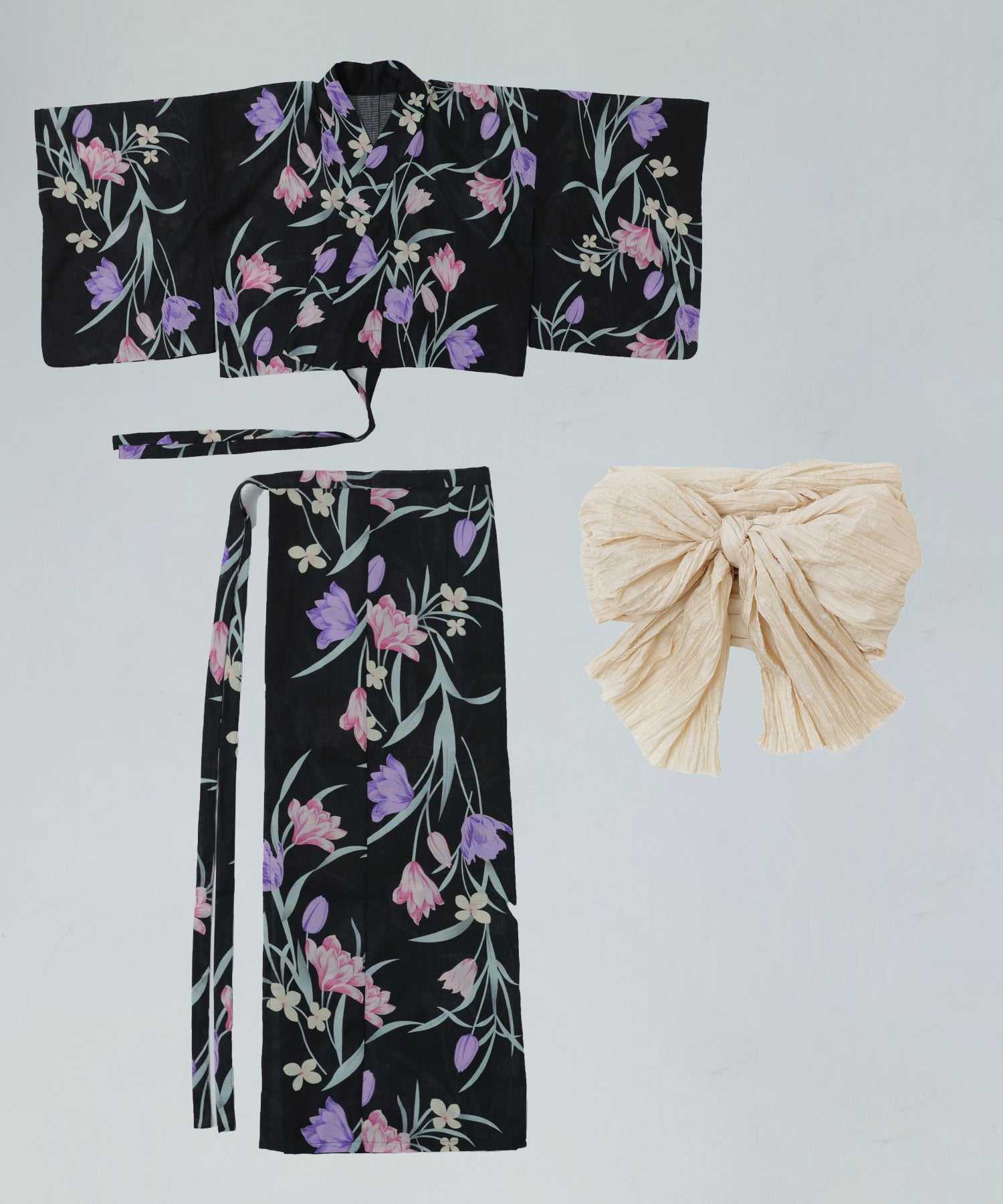 着付けのいらない簡単セパレート綿浴衣＋しわ兵児帯 2点セット 水彩花