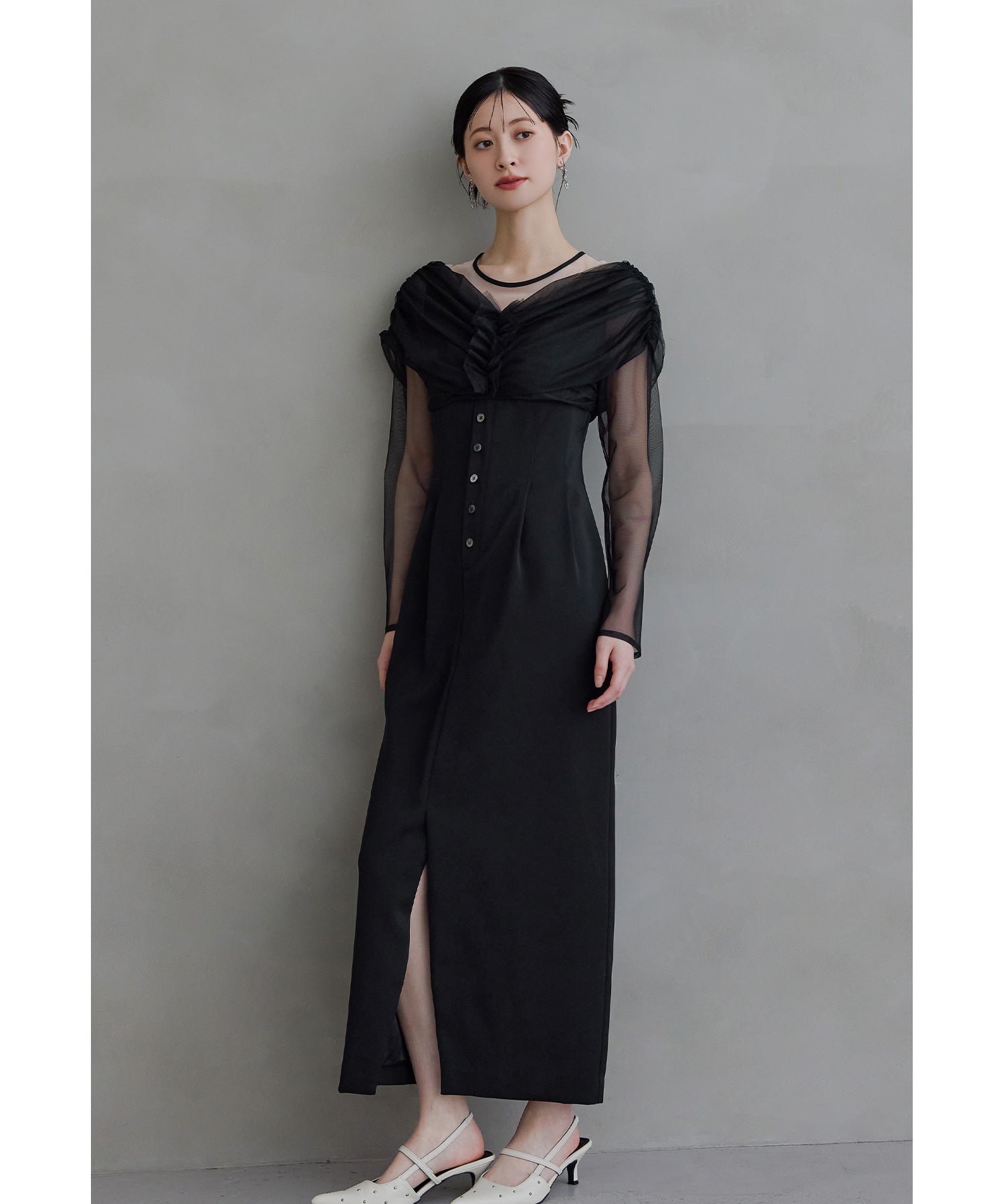 シアーギャザーカラムドレス オフショルダー パーティードレス