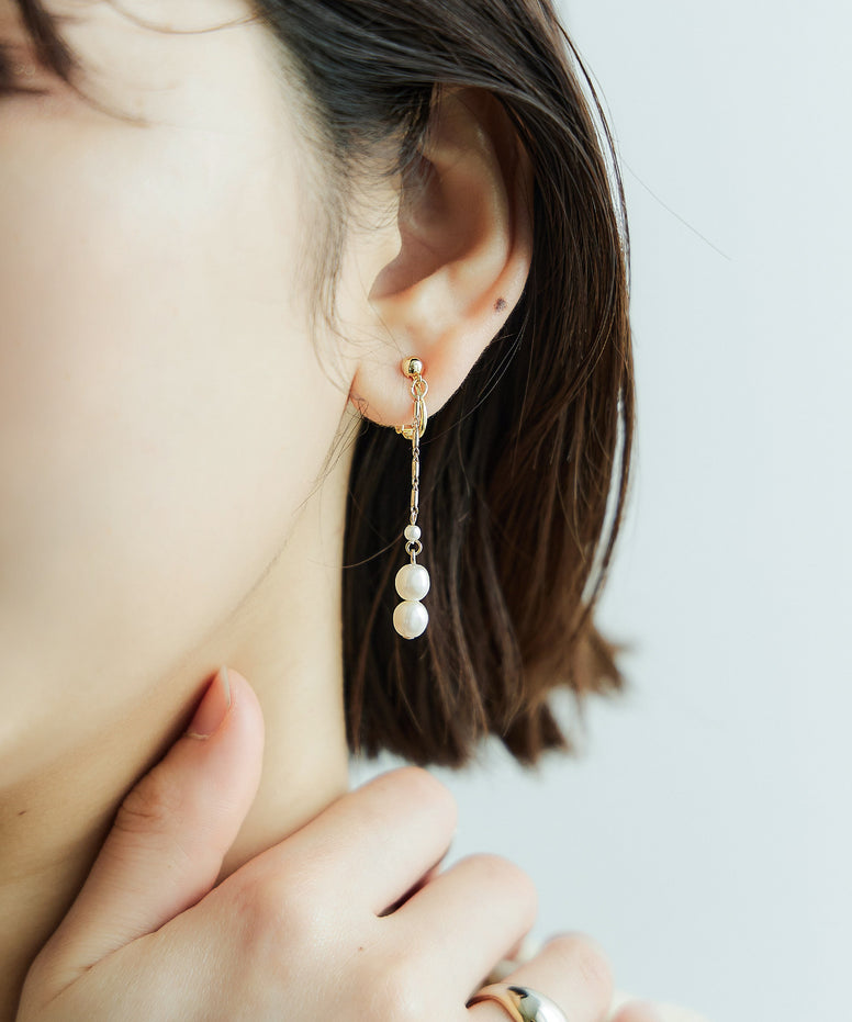 2粒ガラスパールロングイヤリング｜ピアス・イアリング - niana
