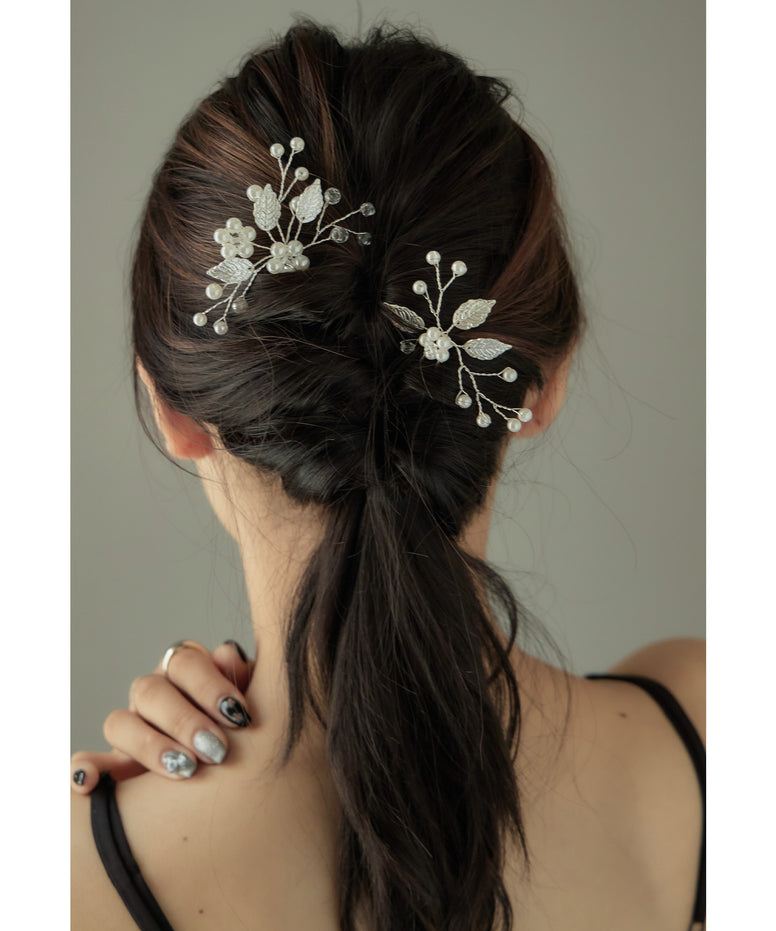 メタルリーフパールヘアピン2本セット ヘアアクセサリー 結婚式 二次会 