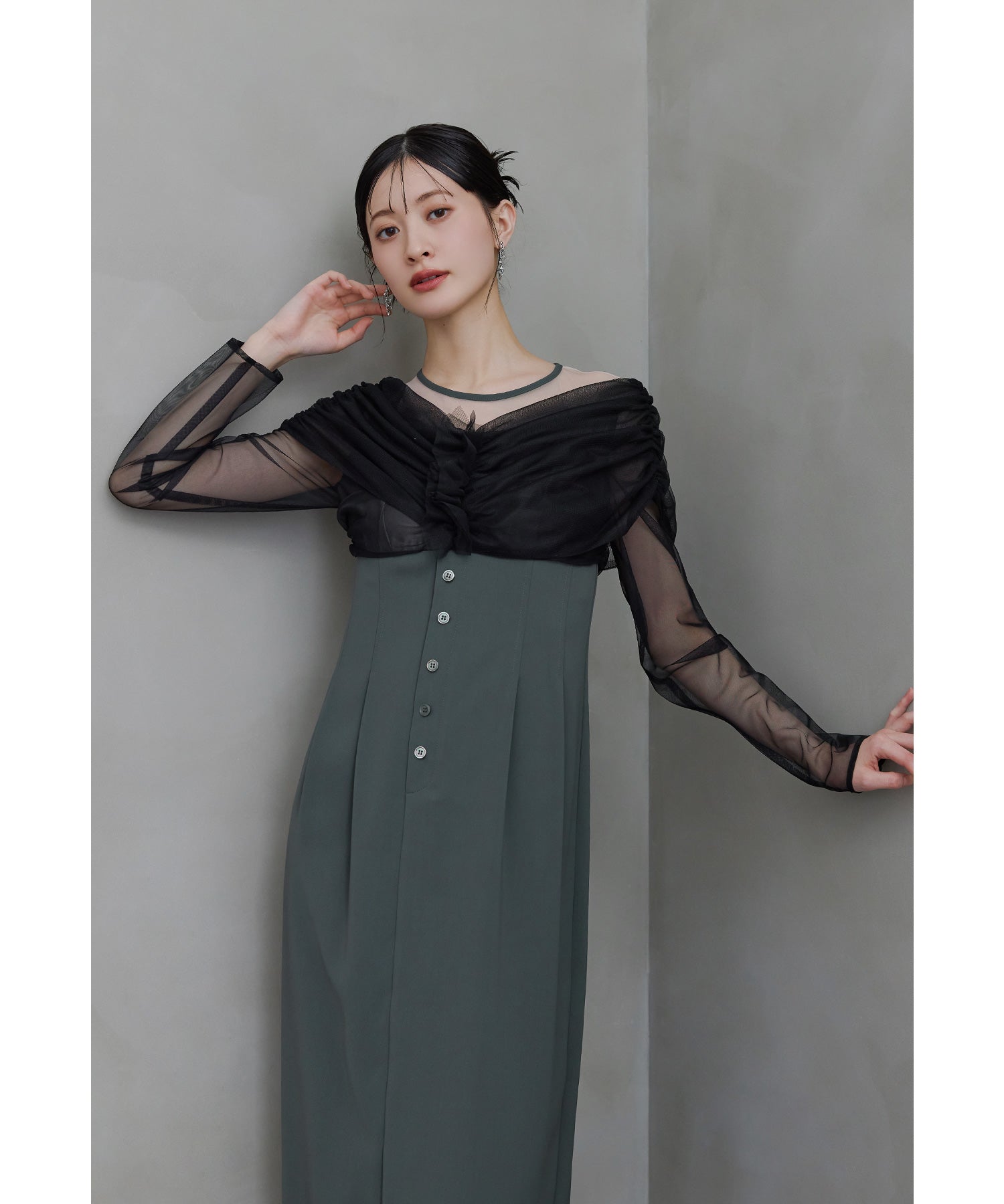 シアーギャザーカラムドレス オフショルダー パーティードレス