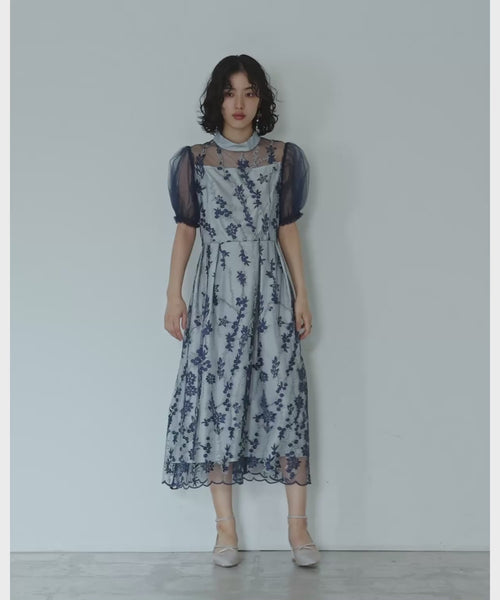 新品☆LL紺系♪刺しゅうチュール使い上品ブラウス♪結婚式・パーティ☆b531 チュールパフスリーブ刺繍レースドレス 結婚式 成人式 二次会