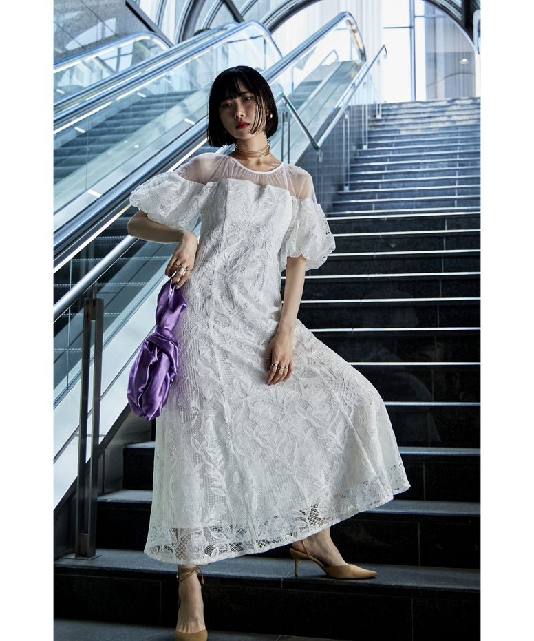 パフオフショルダーレースドレス｜パーティードレス・結婚式ワンピース 