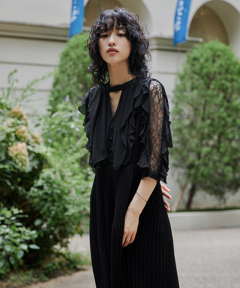 ラッフルキーホールネックドレス｜パーティードレス・結婚式ワンピース 