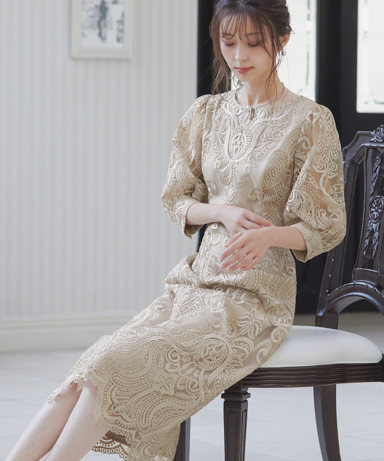 刺繡レース バックリボン タイトドレス｜パーティードレス・結婚式