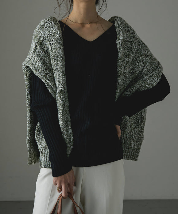 Fashion Letter Vネックリブニット ブラック