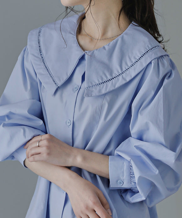 Fashion Letter 40ブロードビッグカラーブラウス サックス