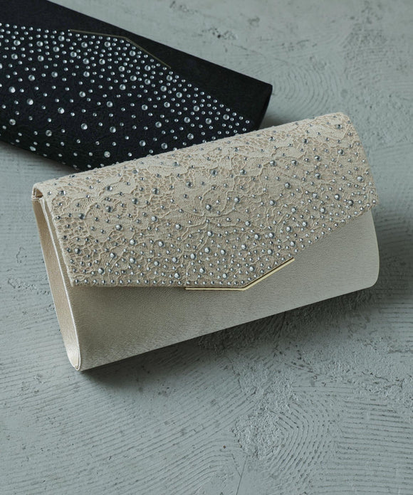 niana ラインストーンレースクラッチバッグ ベージュ