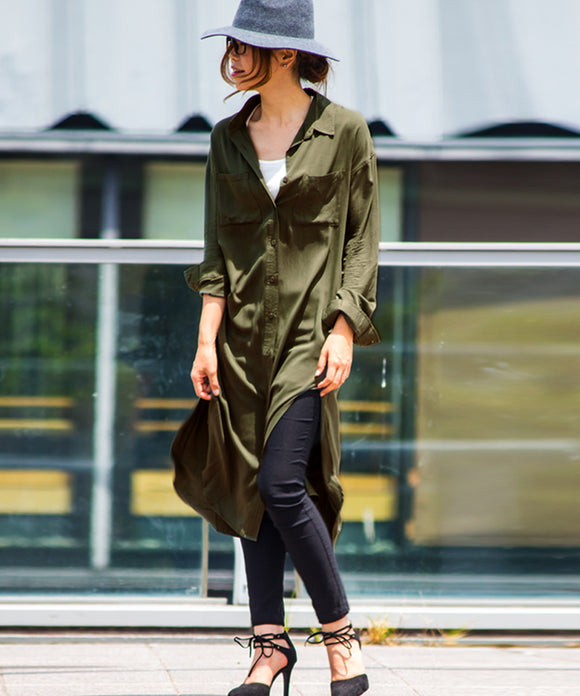 Fashion Letter Eツイルスリットロングシャツワンピース カーキ