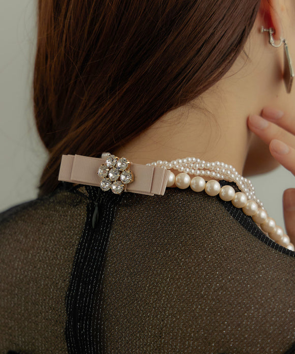 niana ビジューリボンパールネックレス ベージュ