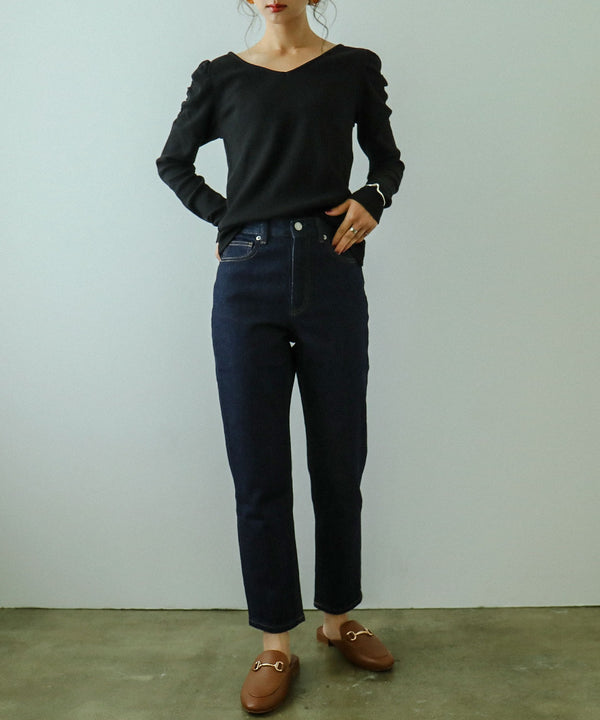 Fashion Letter カットリブパフショルダーカットソー ブラック