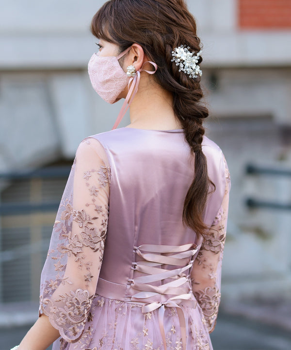 niana 結婚式用リボン付きレースマスク ピンク