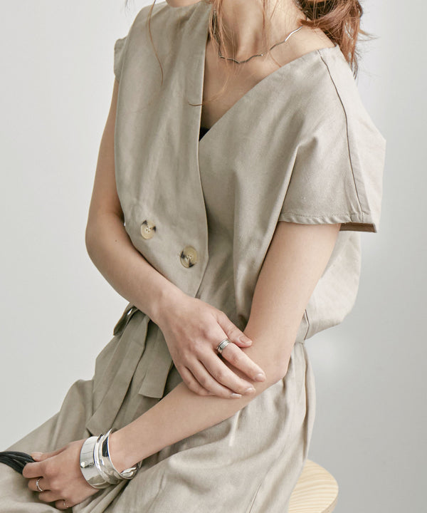 Fashion Letter リネンコットンノーカラージャンプスーツ ベージュ