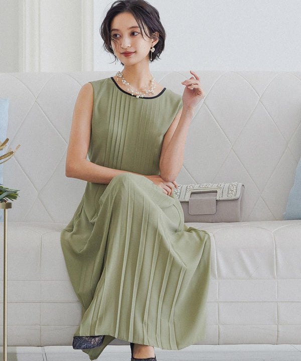 niana タックプリーツセンター配色切り替えドレス ライトグリーン