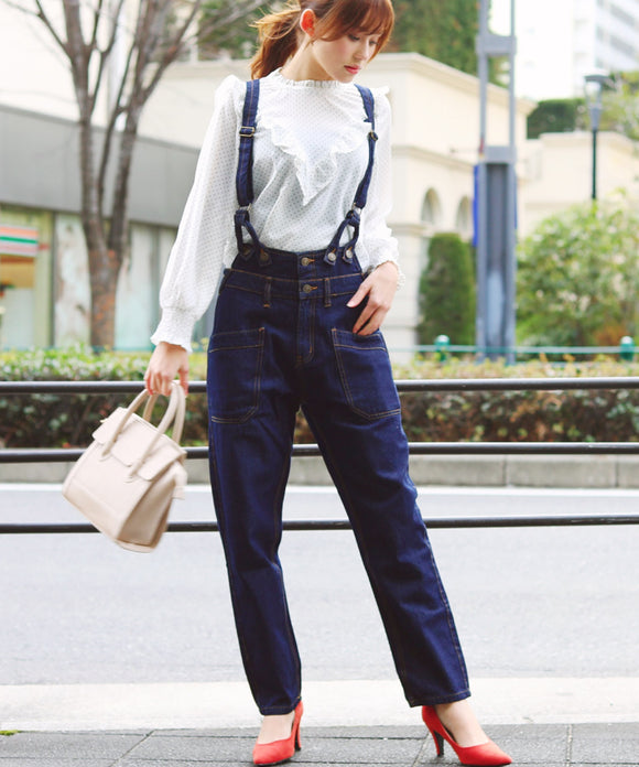 Fashion Letter オーバーオールパンツデニム ワンウォッシュネイビー