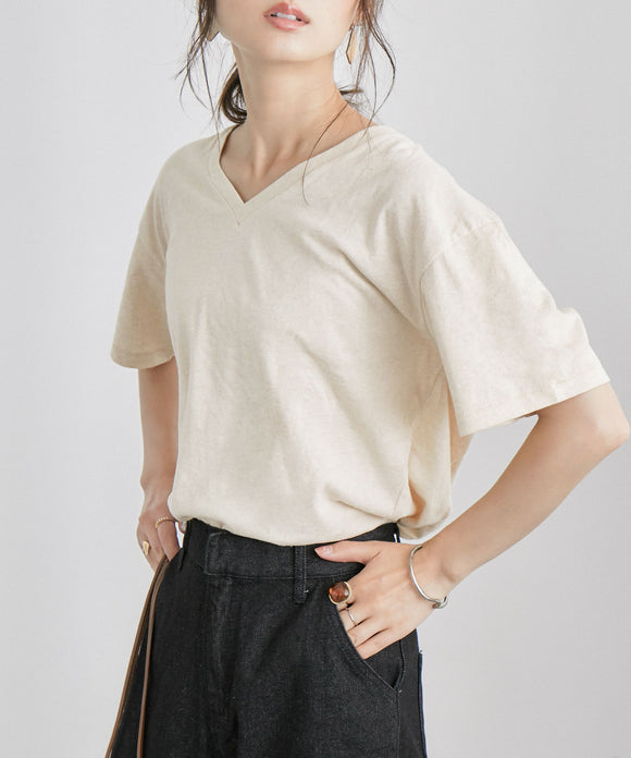 Fashion Letter コットンリネンVネックTシャツ ベージュ