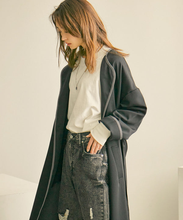 Fashion Letter パイピングノーカラーガウンコート ブラック