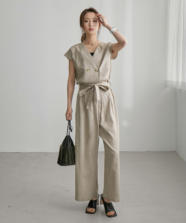 Fashion Letter リネンコットンノーカラージャンプスーツ ベージュ
