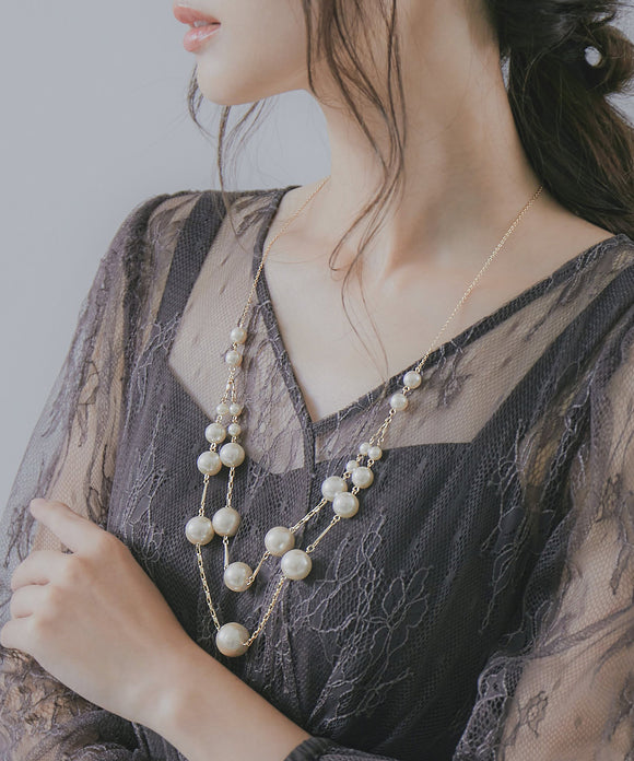 niana ランダムコットンパールミックス ２連ロングネックレス オフホワイト