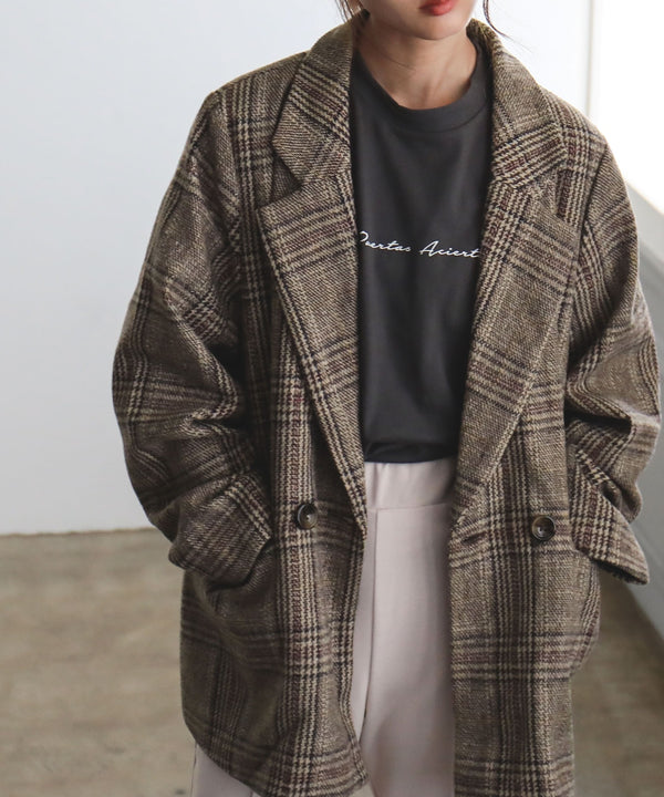 Fashion Letter チェックダブルコート ブラウン