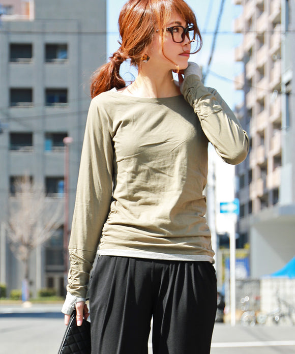 Fashion Letter フェイクレイヤードロングTシャツ カーキ