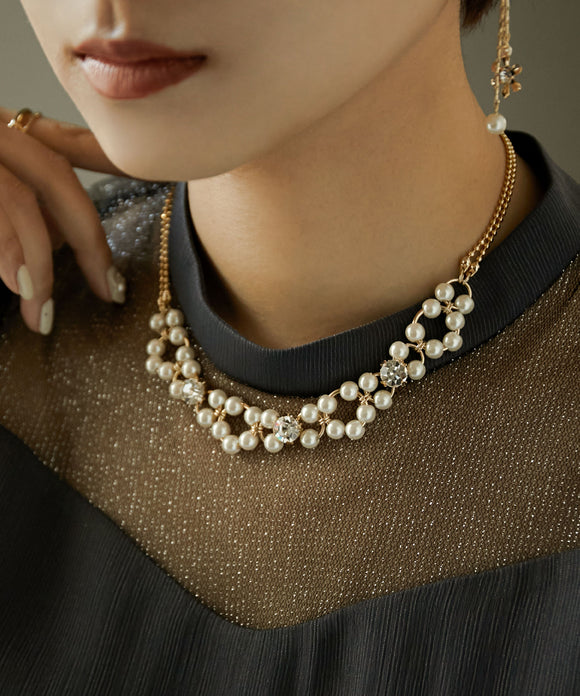 niana コンビリング×パールビジューネックレス オフホワイト