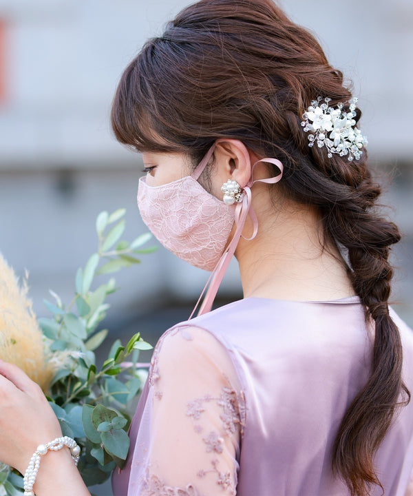 niana 結婚式用リボン付きレースマスク ピンク