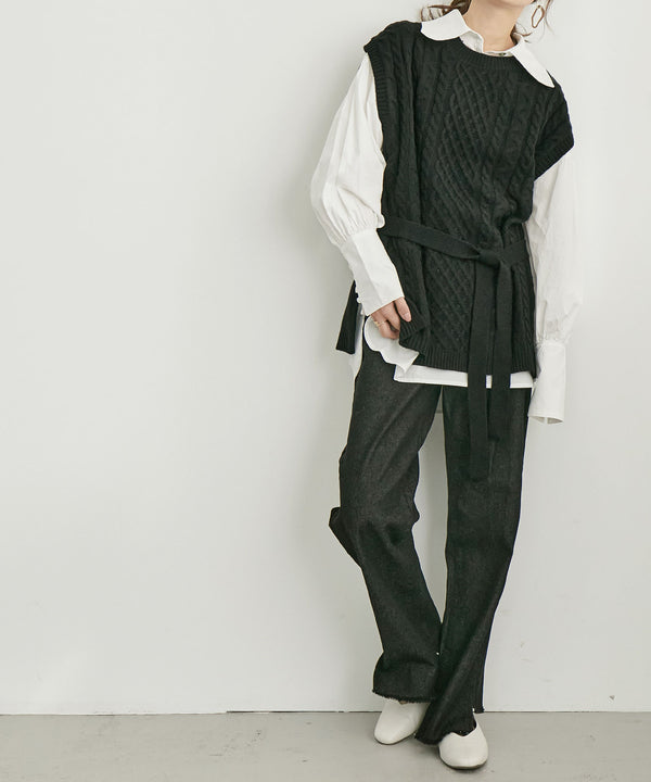 Fashion Letter リボンベルト付きニットベスト ブラック