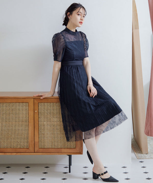 niana バックサテンジョーゼット×ラッセルレースドレス ネイビー