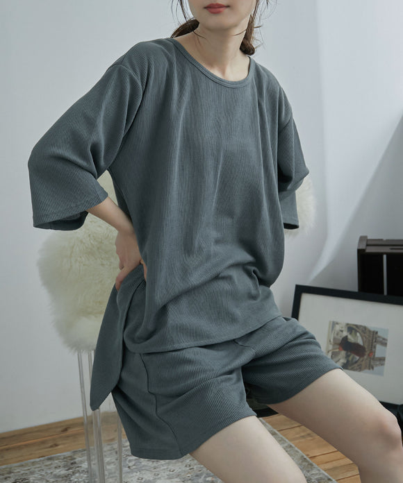 Fashion Letter T100ワッフルルーム　ショートパンツセットアップ アッシュグレー