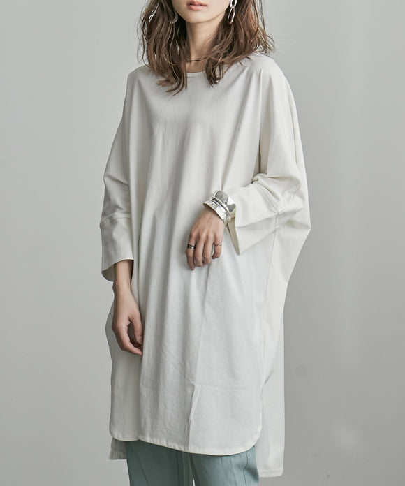 Fashion Letter ラウンドネックチュニックロングTシャツ オフホワイト