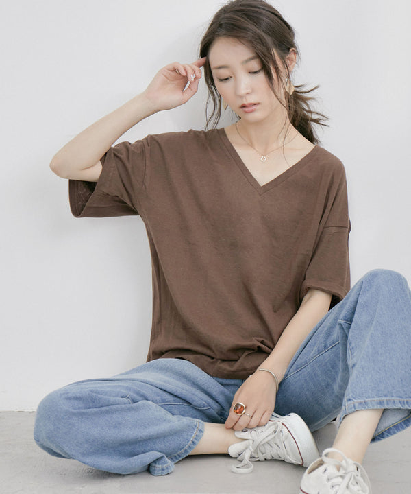 Fashion Letter コットンリネンVネックTシャツ ブラウン