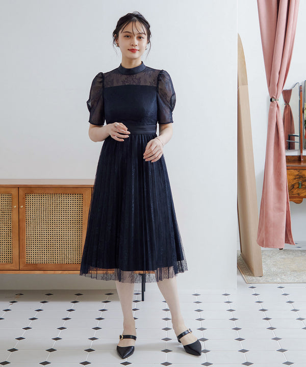 niana バックサテンジョーゼット×ラッセルレースドレス ネイビー