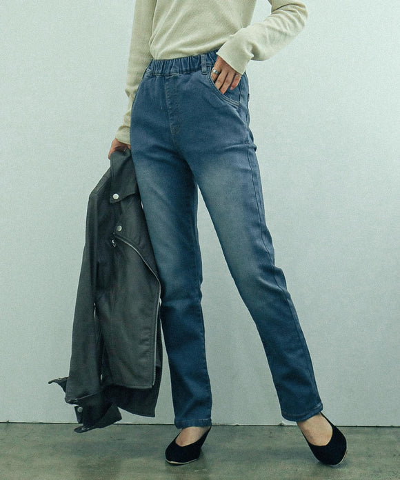 Fashion Letter 微起毛デニム ストレッチスキニーパンツ ブルー
