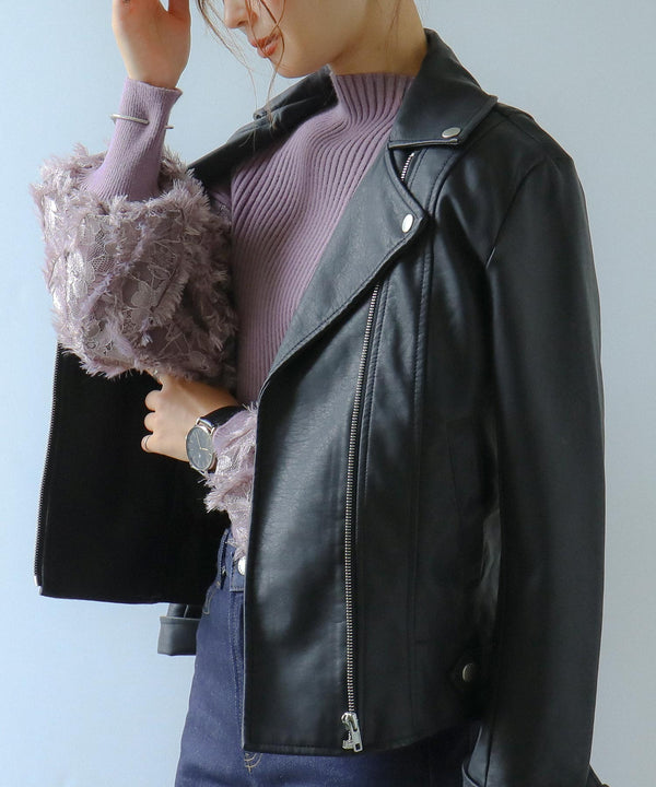 Fashion Letter ぽわん袖リブニットプルオーバー 長袖 ラベンダー