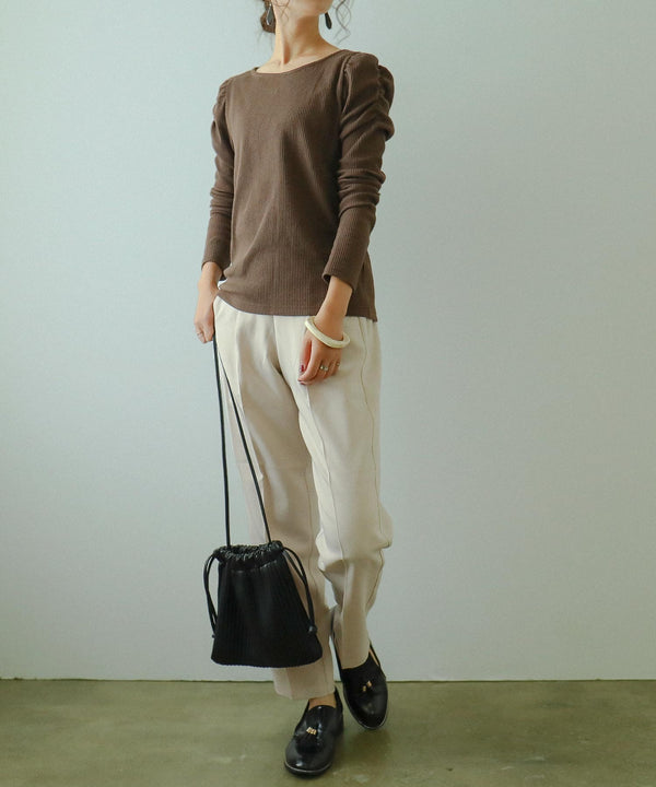 Fashion Letter カットリブパフショルダーカットソー ブラウン