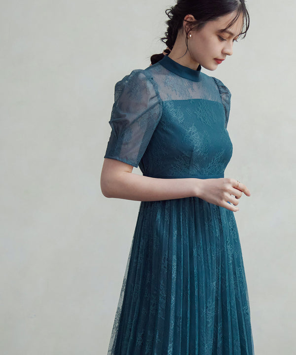 niana バックサテンジョーゼット×ラッセルレースドレス ブルー