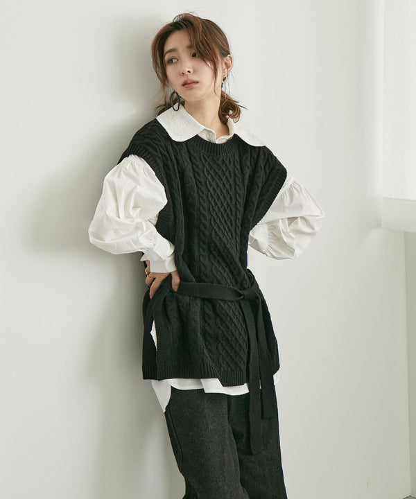 Fashion Letter リボンベルト付きニットベスト ブラック