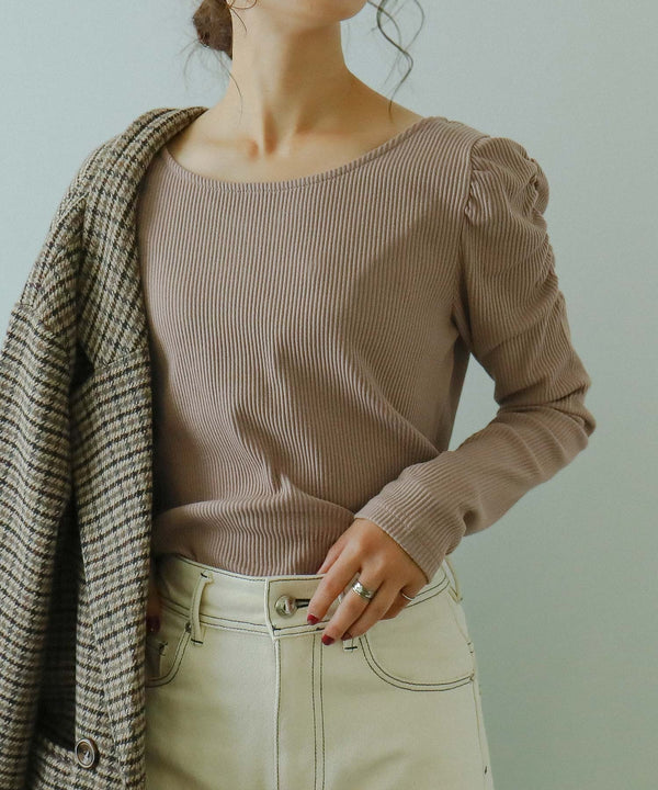 Fashion Letter カットリブパフショルダーカットソー ベージュ