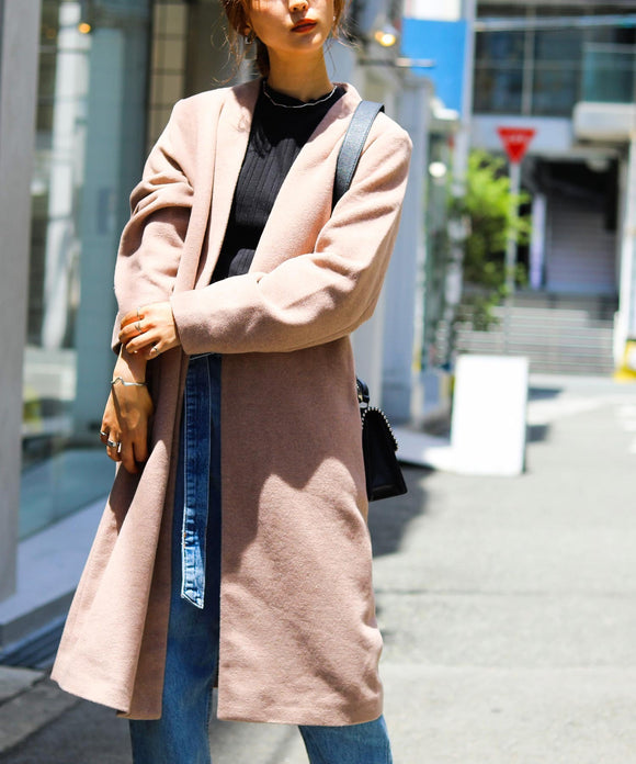 Fashion Letter ノーカラーロングコート ライトモカ