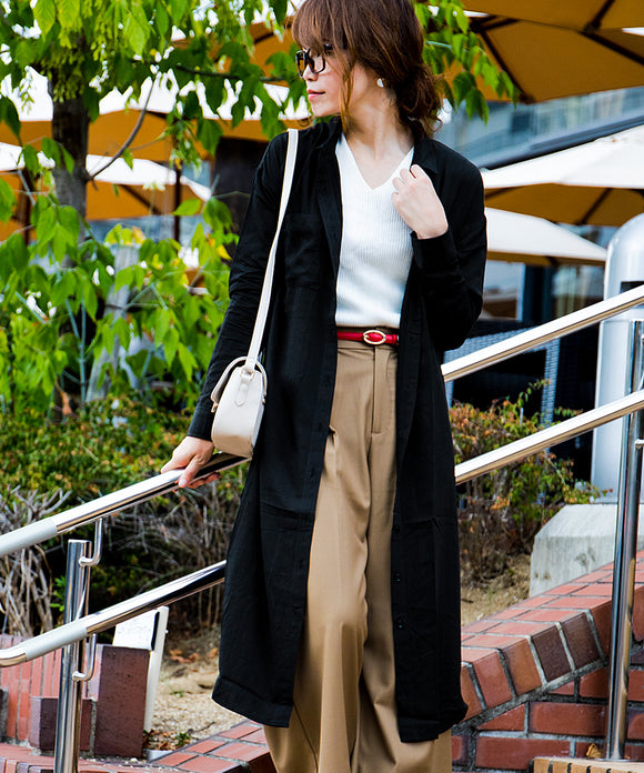 Fashion Letter Eツイルスリットロングシャツワンピース ブラック