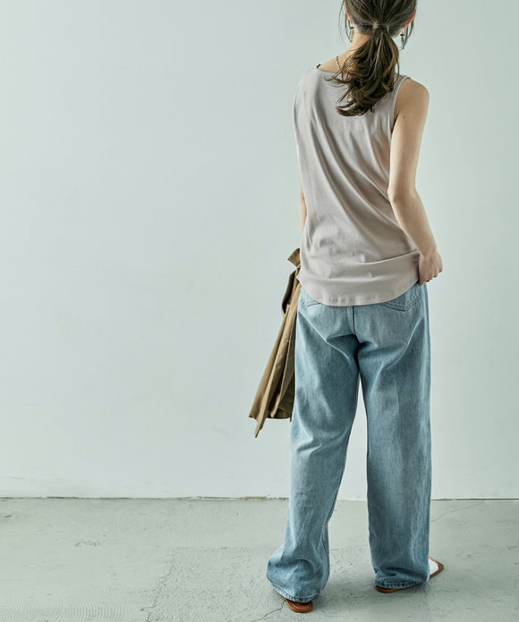 Fashion Letter ボートネックタンクトップ ピンクベージュ