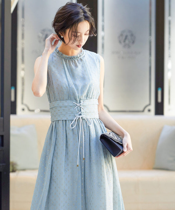 niana ラメドットシフォンレースアップドレス サックス